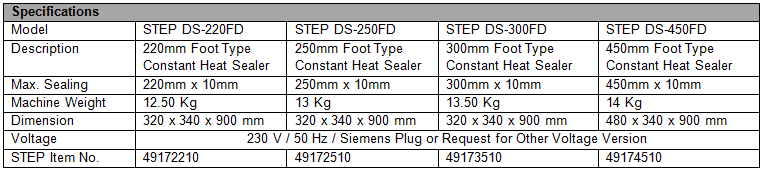 STEP Foot Type Constant Heat Sealers specs