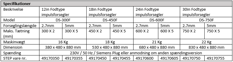 STEP Single Sided Impulse Foot Sealer DK Specs
