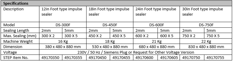 STEP Single Sided Impulse Foot Sealer Specs EN